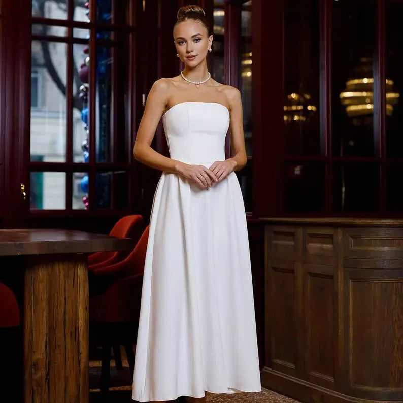Buyishang Elegant Elopment Strapless White Midi Dress – Premium Crepe Fabric for Formal Events Weddings & Special Occasions