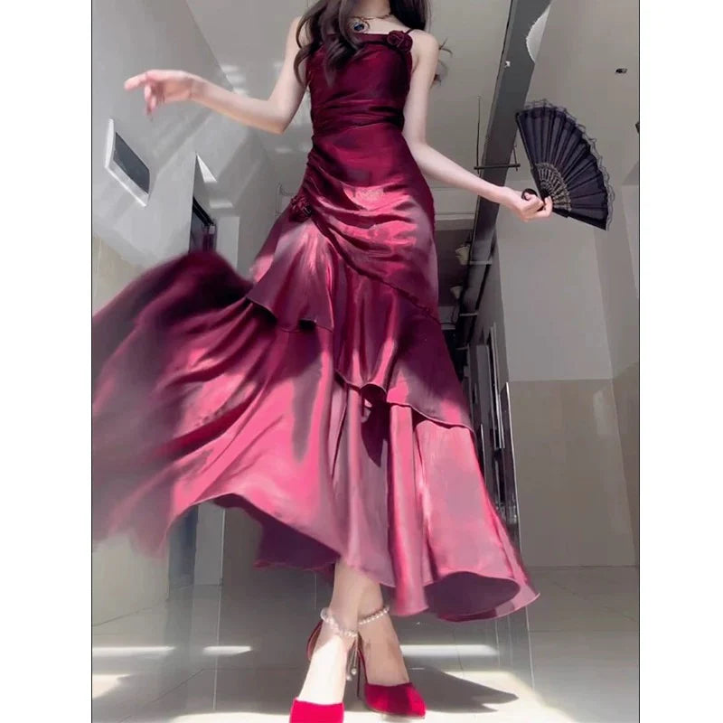Buyishang Elegant Wine Red Satin Long Straps Prom Dress Wine Red A-line Party Dress