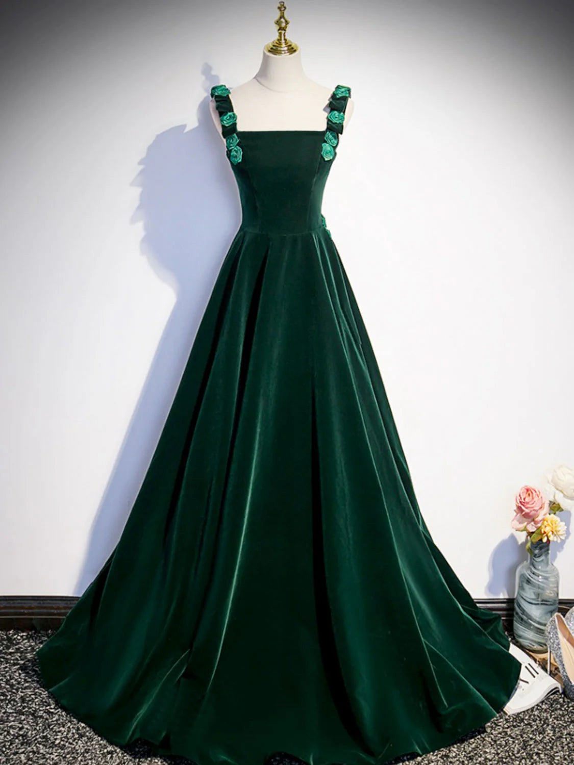 Buyishang A-Line Velvet Green Long Prom Dresses Green Formal Evening Dresses prom dresses shops