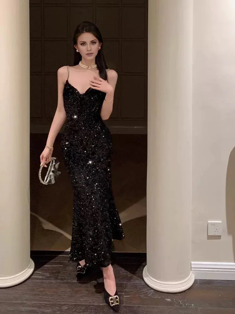 Buyishang Sexy Mermaid Spaghetti Straps Black Sequin Evening Dress Prom Dresses