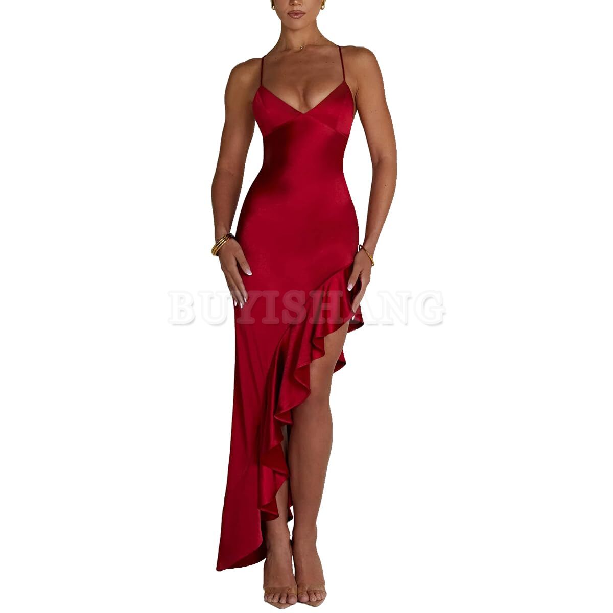 Buyishang Women's Sexy Satin Spaghetti Strap V Neck Backless Side High Split Ruffle Hem Evening Party Cocktail Maxi Dress prom dress shop