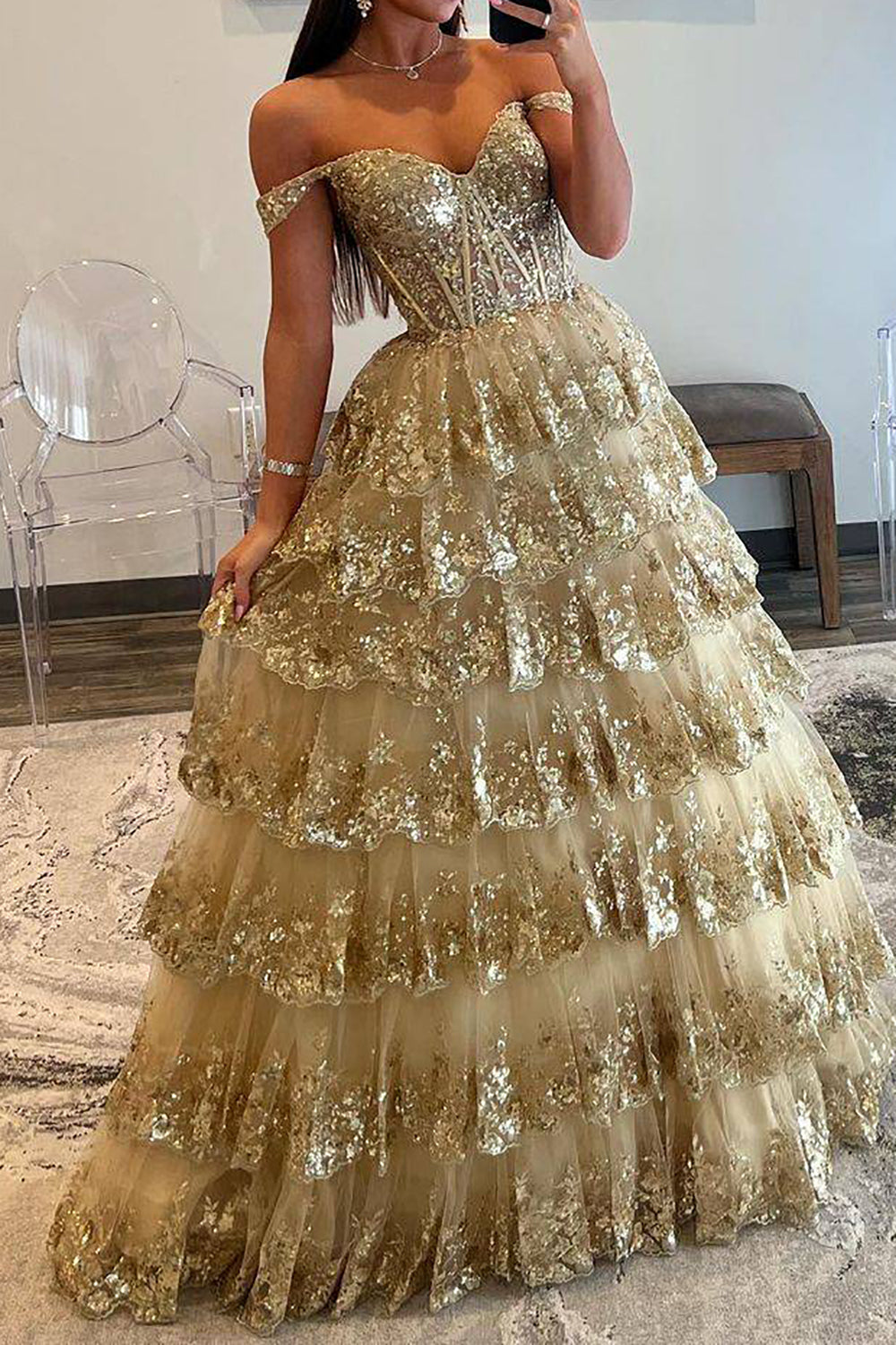 Princess A Line Off the Shoulder Golden Long Prom Dress with Ruffles