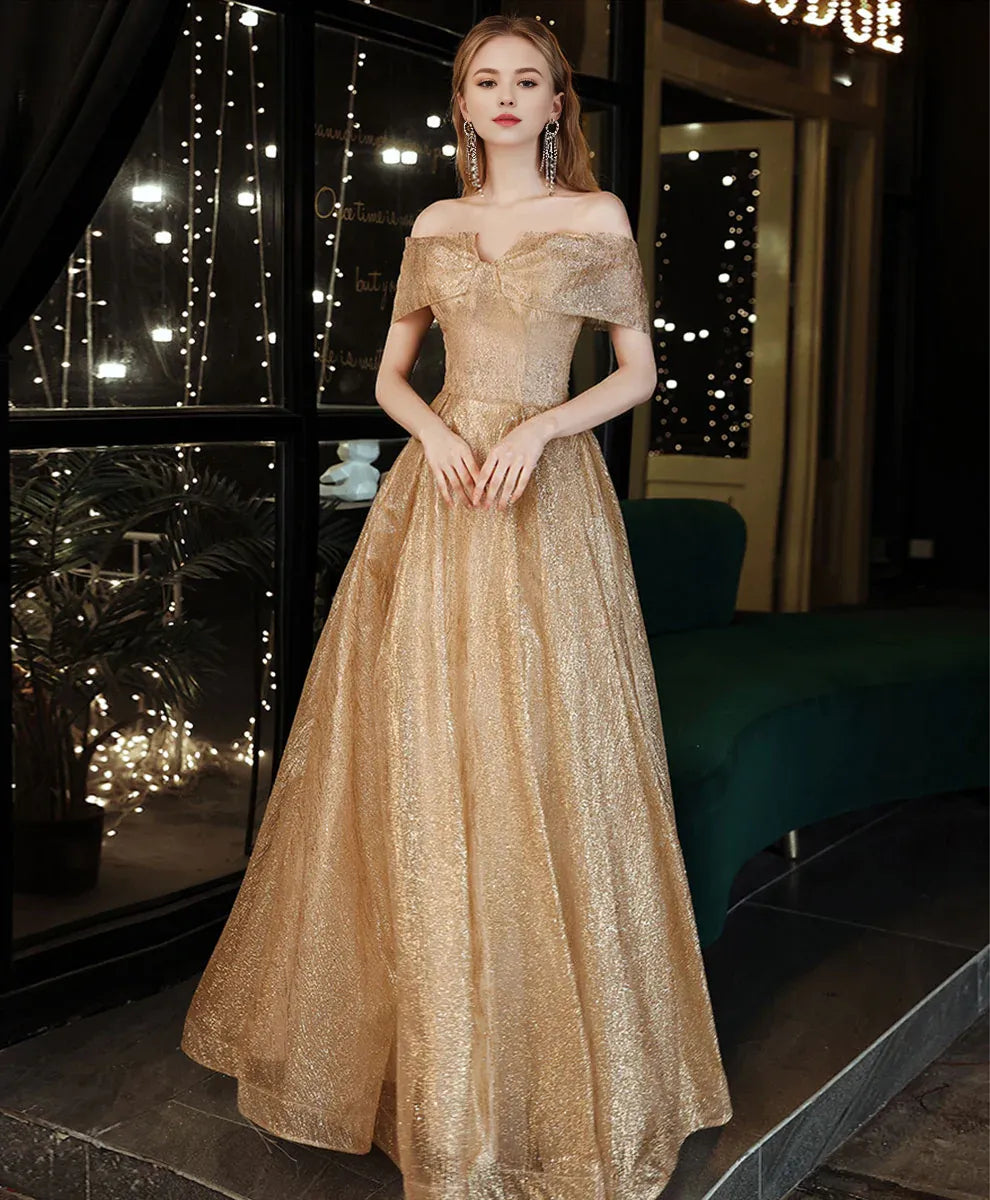 Buyishang Gold Tulle Sequin Off Shoulder Long Prom Dress Gold Formal Evening Dresses prom dress in store
