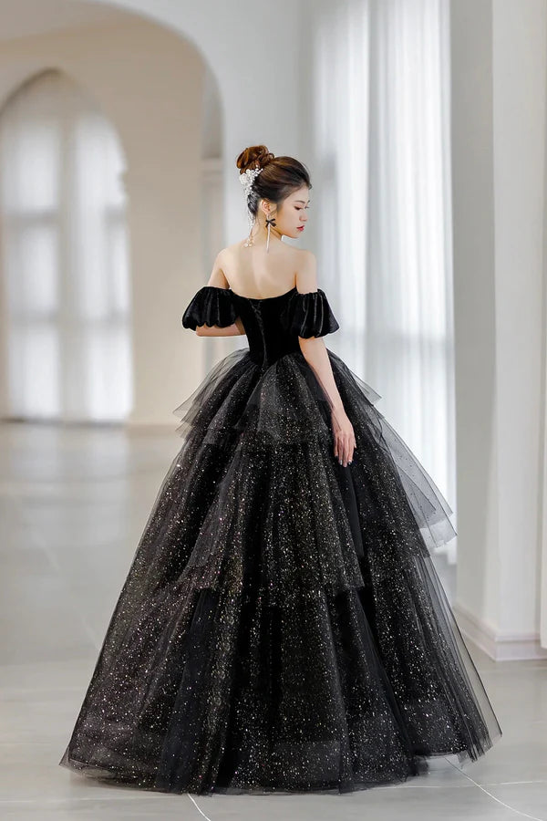 Black Velvet and Tulle Long Formal Dress Black A-Line Sweetheart Neck Evening Party Dress