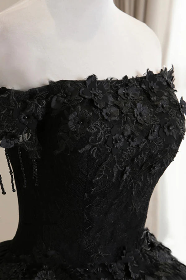 Black Tulle Lace Long Prom Dress Black A-Line Evening Gown