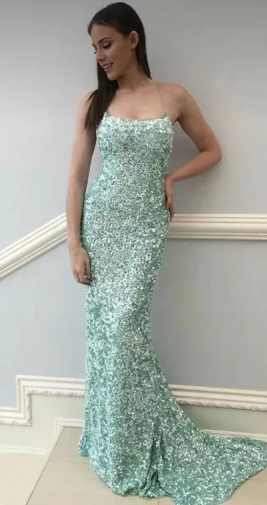 Buyishang Sexy Mermaid Spaghetti Straps Maxi Long Party MINT GREEN Sequin Prom Dresses Evening Dress