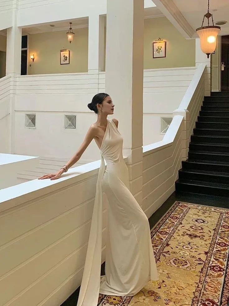 Buyishang Mermaid One Shoulder Floor-length Sleeveless White Long Prom Dresses