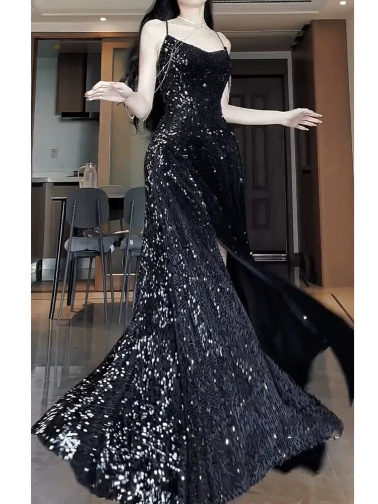 Buyishang Sexy Mermaid Spaghetti Straps Sequin Black Long Prom Dresses