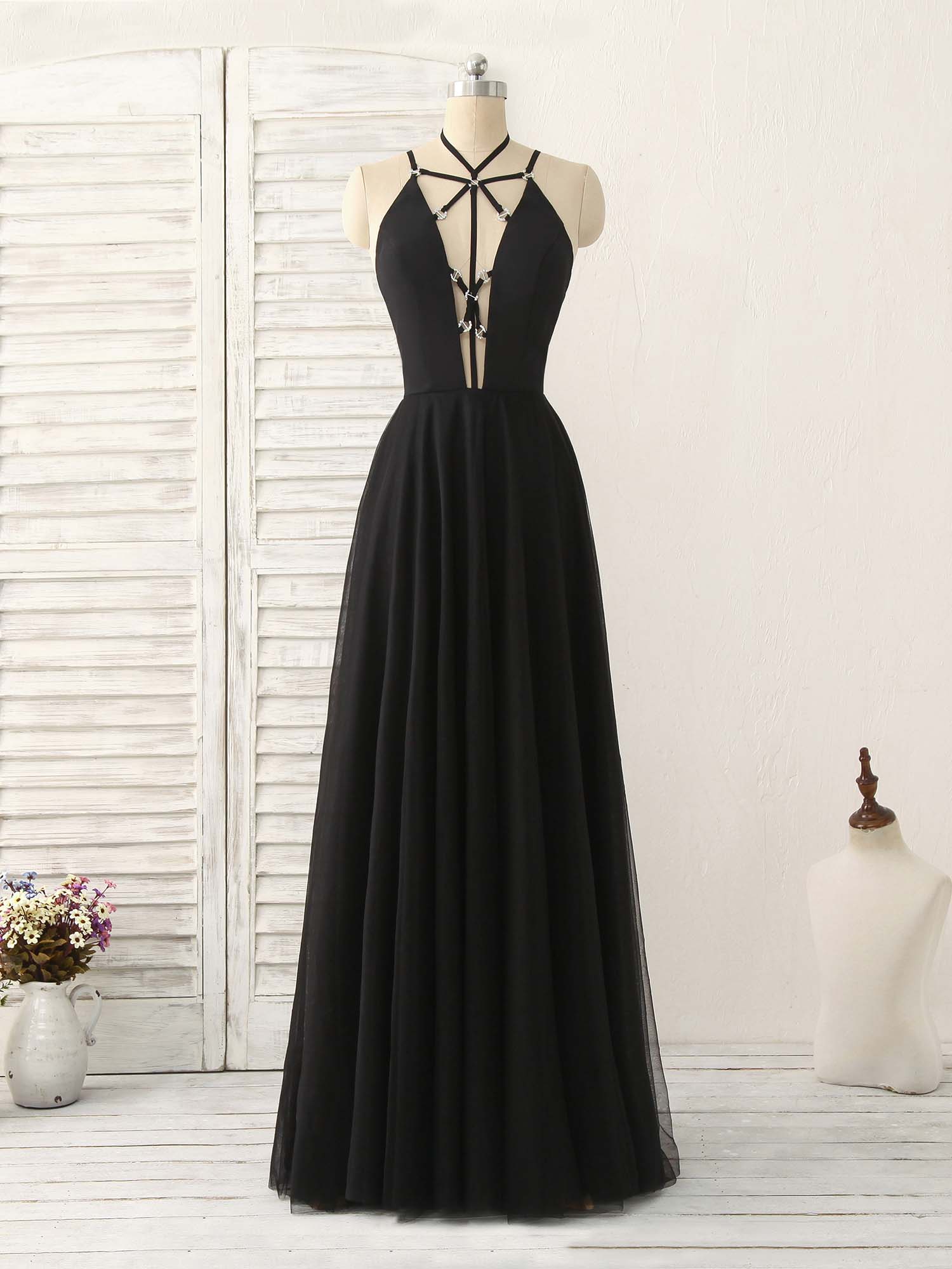 Buyishang Black Tulle Backless Long Prom Dress Black Evening Dress Bridesmaid dress shop ﻿