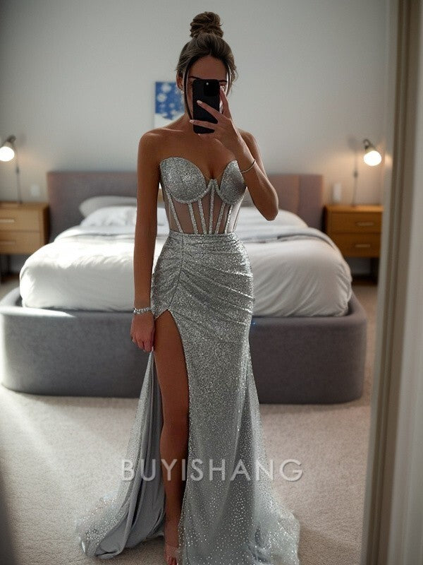 Buyishang Simple Sheath/Column Ruched Sweetheart Sleeveless Sweep/Brush Train Dresses