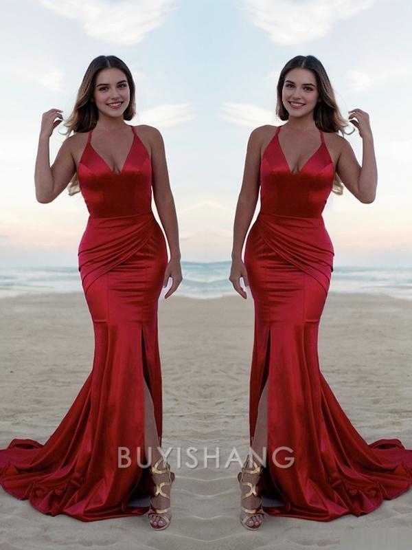 Buyishang Simple Trumpet/Mermaid Halter Sweep Train Silk like Satin Prom Dresses With Leg Slit formal wear dresses