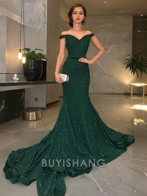 Buyishang Simple Trumpet/Mermaid Off-the-Shoulder Sweep Train Sequins Evening Dresses With Ruffles formal wear dresses