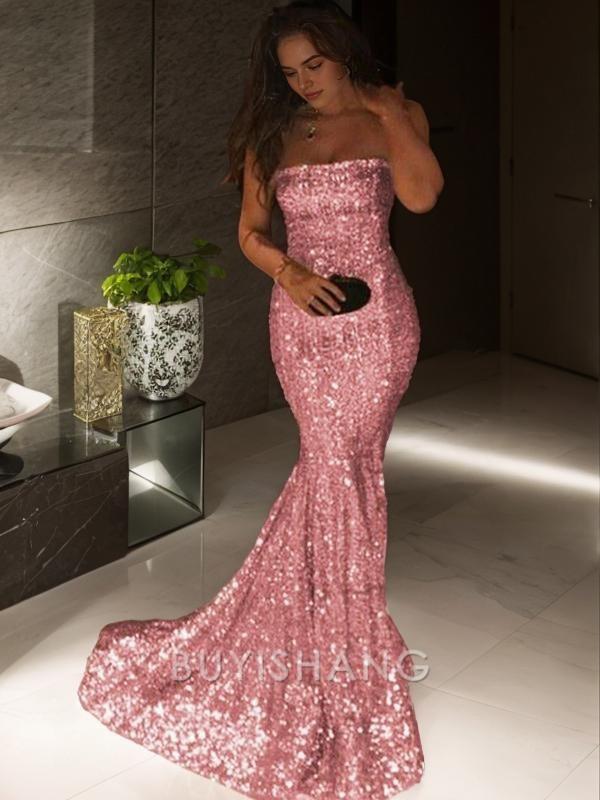 Buyishang Simple Trumpet/Mermaid Strapless Sweep Train Sequins Prom Dresses formal wear dresses