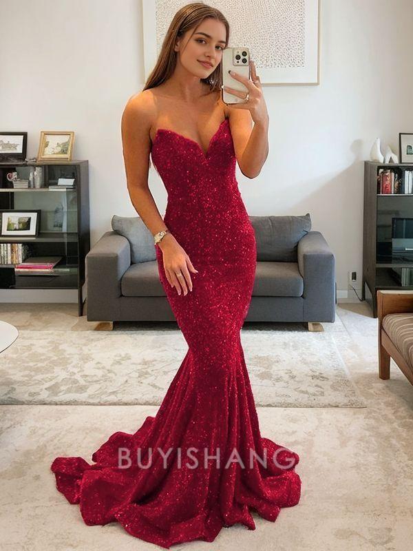 Buyishang Simple Sheath/Column Sweetheart Sweep Train Evening Dresses With Ruffles formal wear dresses