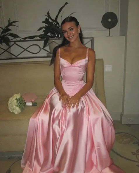 Buyishang Elegant A Line Spaghetti Straps Floor-length Satin Long Pink Evening Dress Prom Dresses