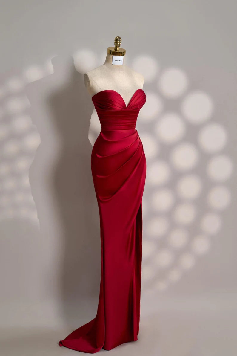 Buyishang Red Dress Long Satin dress Party Dress Cold Shoulder Dress Bridesmades Dress Gift For Her Christmas Dress Gift For Bride