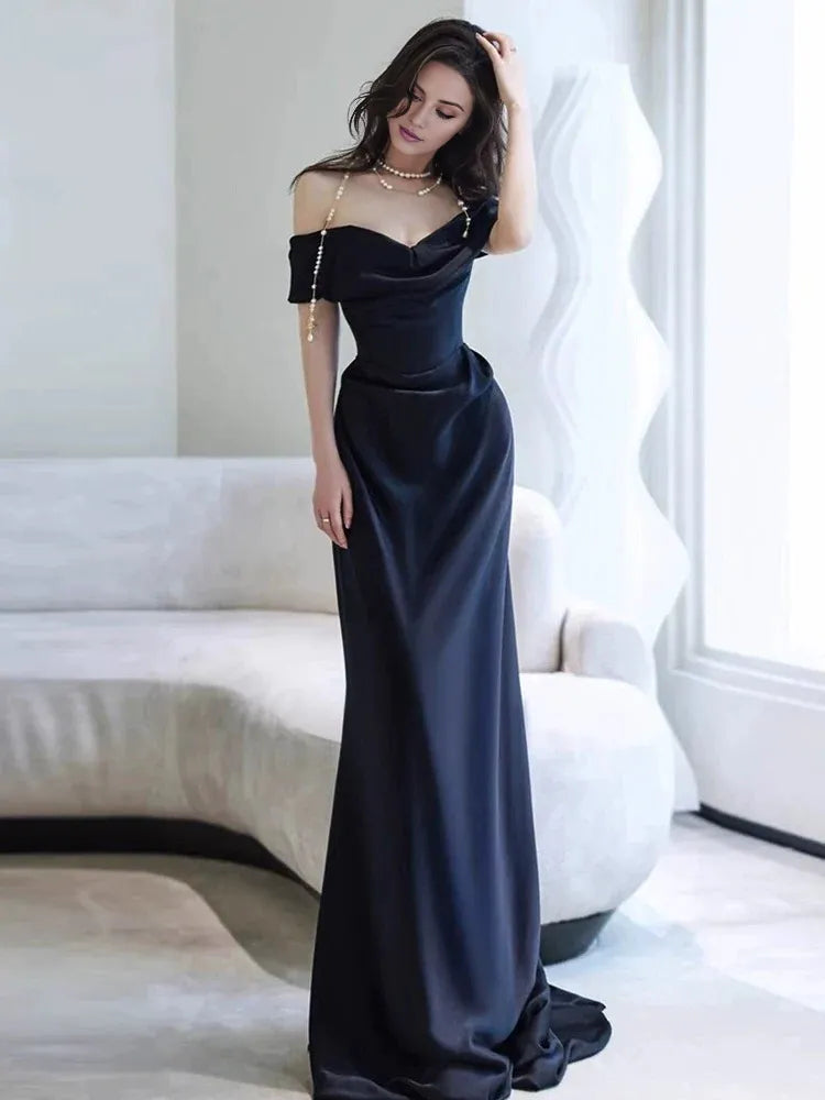 Buyishang Sexy Sheath Off The Shoulder Navy Blue Satin Floor Length Evening Dress Prom Dresses