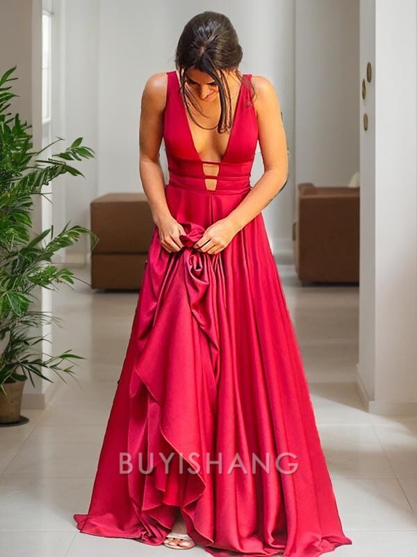 Buyishang Simple A-Line/Princess V-neck Sweep Train Silk Like Satin Evening Dresses With Ruffles formal wear dresses