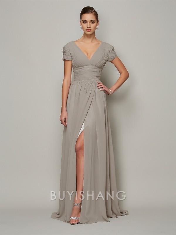 Buyishang Simple A-Line/Princess V-neck Sweep Train Chiffon Evening Dresses With Leg Slit formal wear dresses