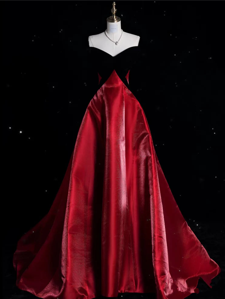 Buyishang Sexy Ball Gown Strapless Red Satin Evening Gowns Long Prom Dresses