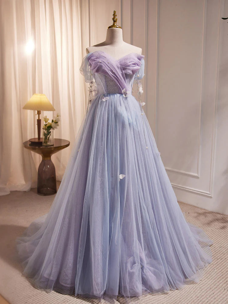 Buyishang A-Line Sweetheart Neck Tulle Purple Long Prom Dress Purple Formal Dress