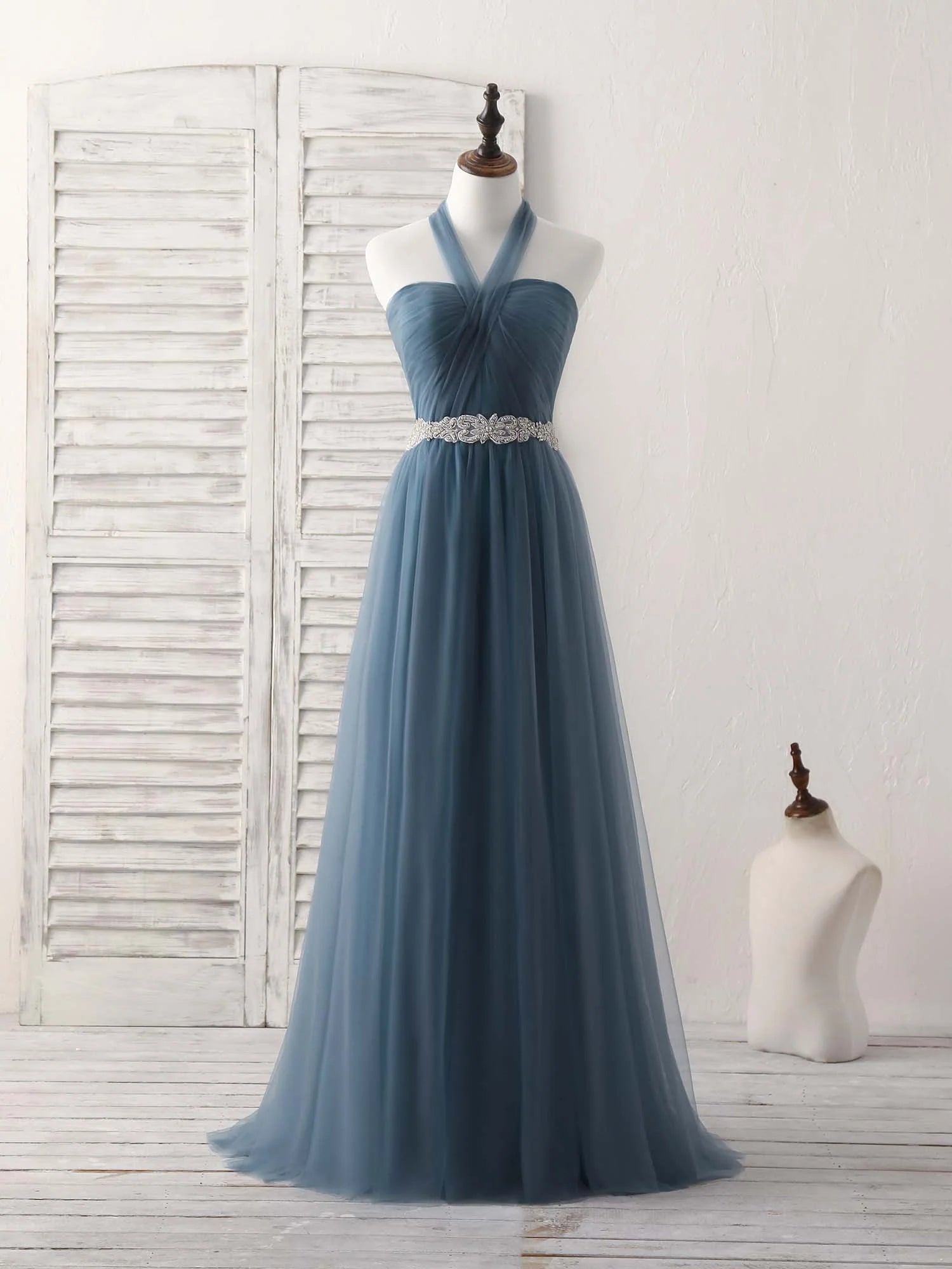 Buyishang A-Line Gray Blue Tulle Long Bridesmaid Dress Gray Blue Prom Dress Bridesmaid dress shop