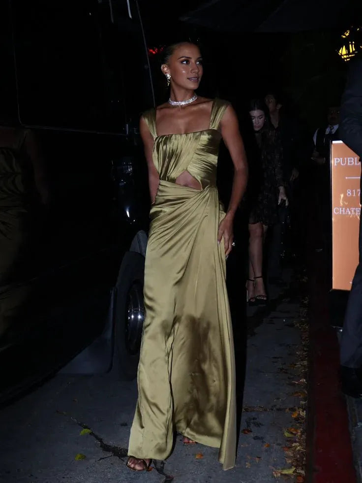 Buyishang Fancy A line Square Neckline Green Satin Long Prom Dress Evening Dress Formal Dress