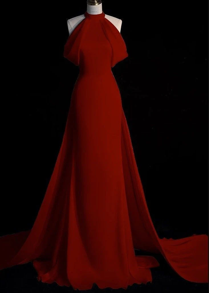 Buyishang Sexy Sheath Halter Red Satin Long Prom Dress Evening Dress Formal Dress