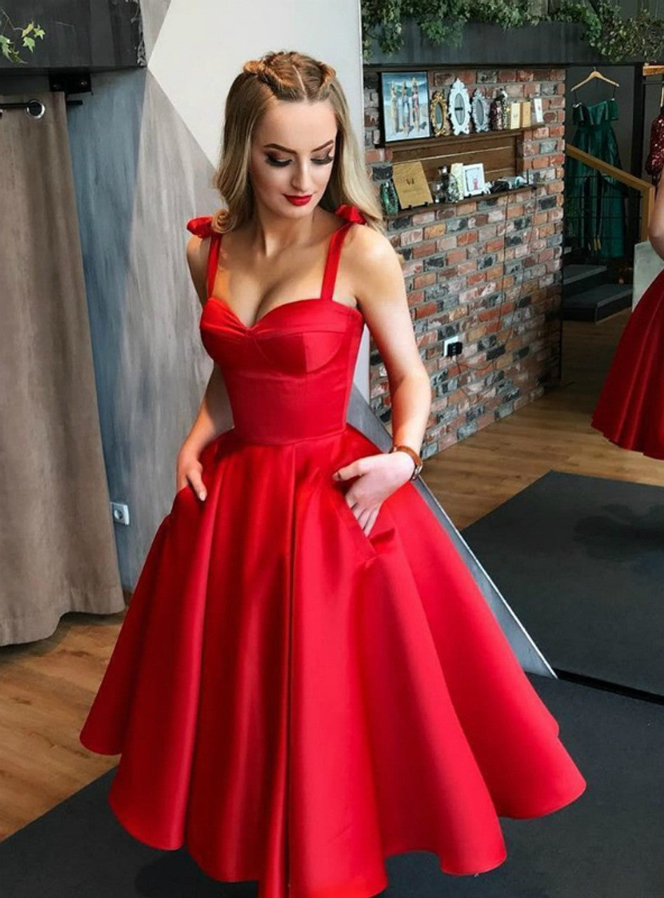 A-Line Red Satin Straps Tea Length Prom Dress With