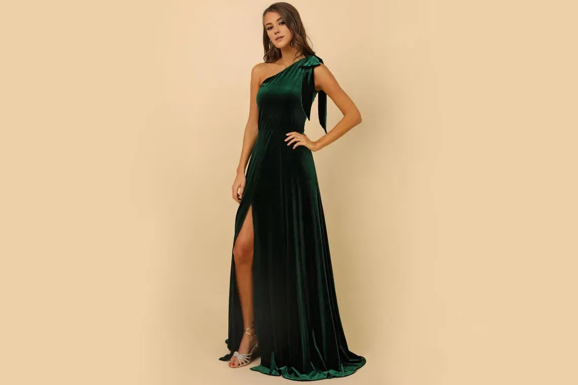 Buyishang Dark Emerald Green Velvet Long Dress Bridesmaid Dress Evening Dress Wedding Guest Dress Slit Dress One Shoulder Dress Formal Dress