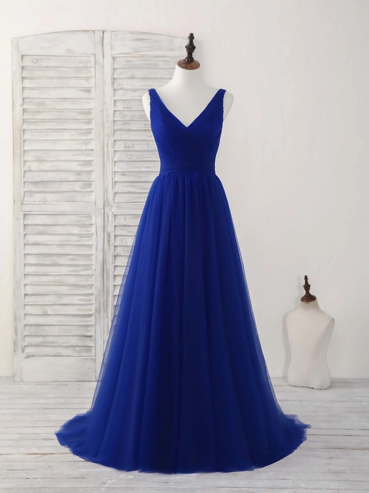 Buyishang Simple V Neck Blue Tulle Long Prom Dress Blue Evening Dress Bridesmaid dress shop