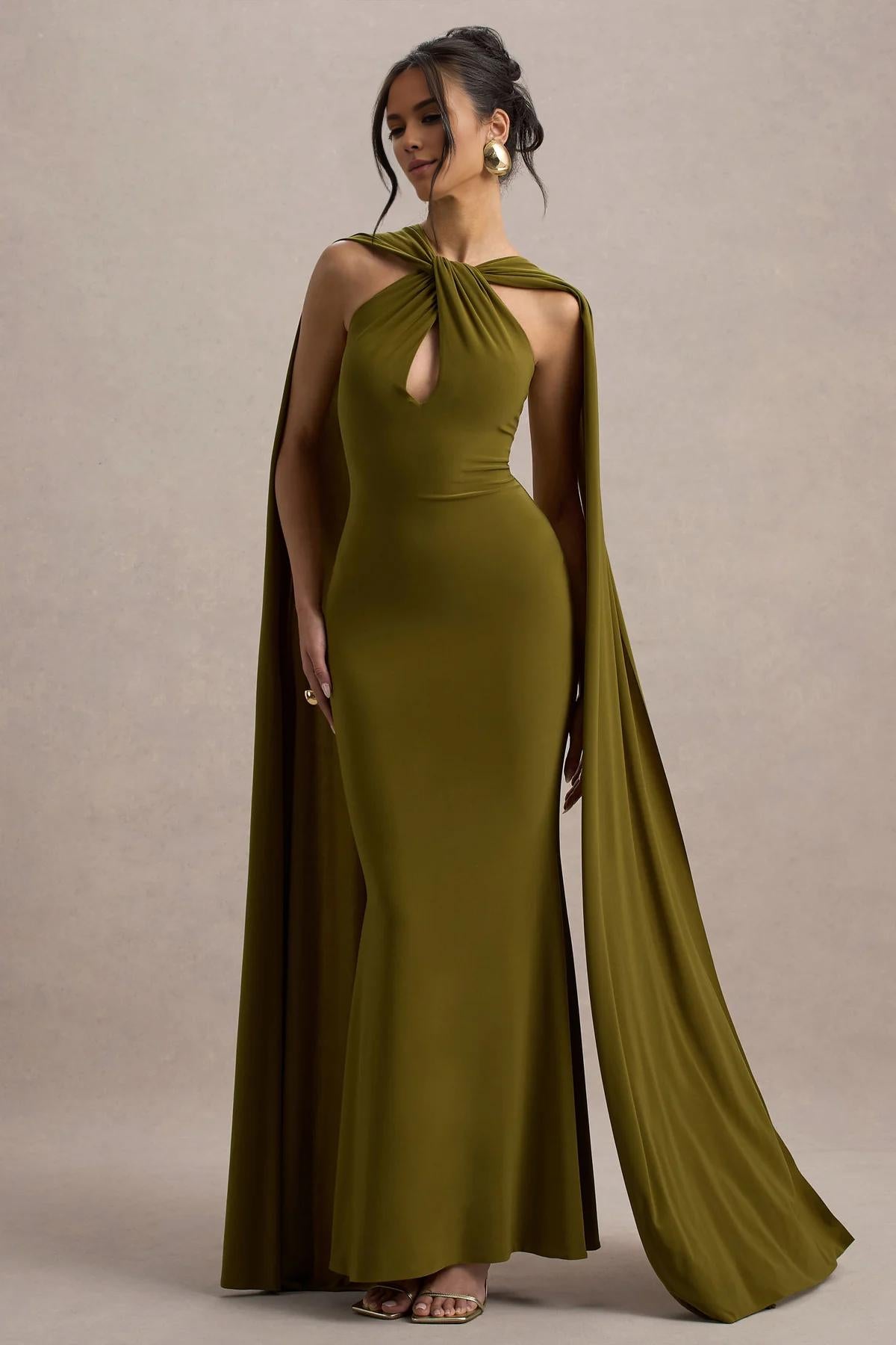 Buyishang Elegant green twisted open neck tight fitting backless shawl long dress for dance party new style