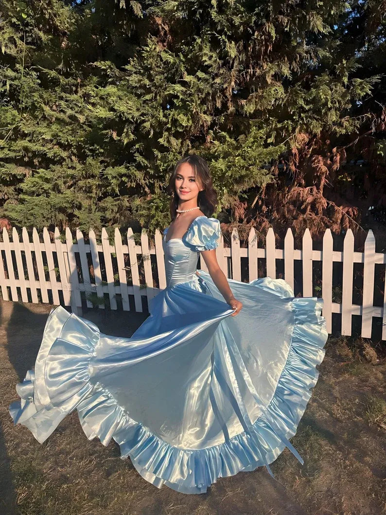 Buyishang Baby blue corset dress with ruffles on the sides/baby blue long princess dress/party wedding prom graduation halloween dress