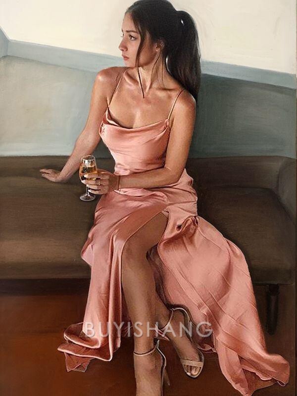 Buyishang Simple Sheath/Column Spaghetti Straps Floor-Length Silk like Satin Evening Dresses With Leg Slit formal wear dresses