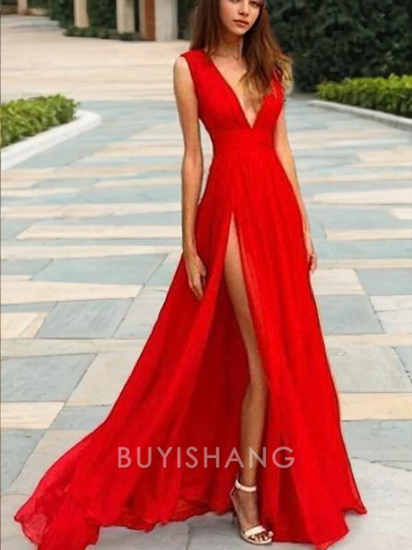 Buyishang Simple A-Line/Princess V-neck Sweep Train Chiffon Prom Dresses With Leg Slit formal wear dresses