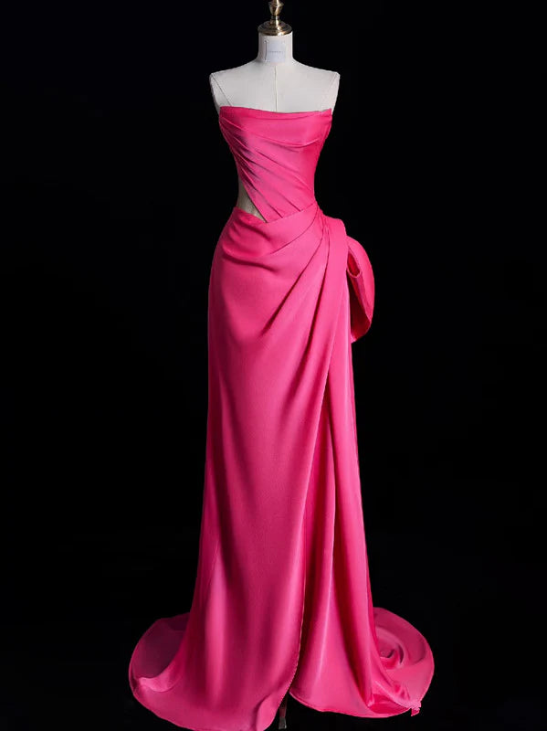 Buyishang Modest Mermaid Strapless Pink Satin Party Dress Long Prom Dress Evening Dresses