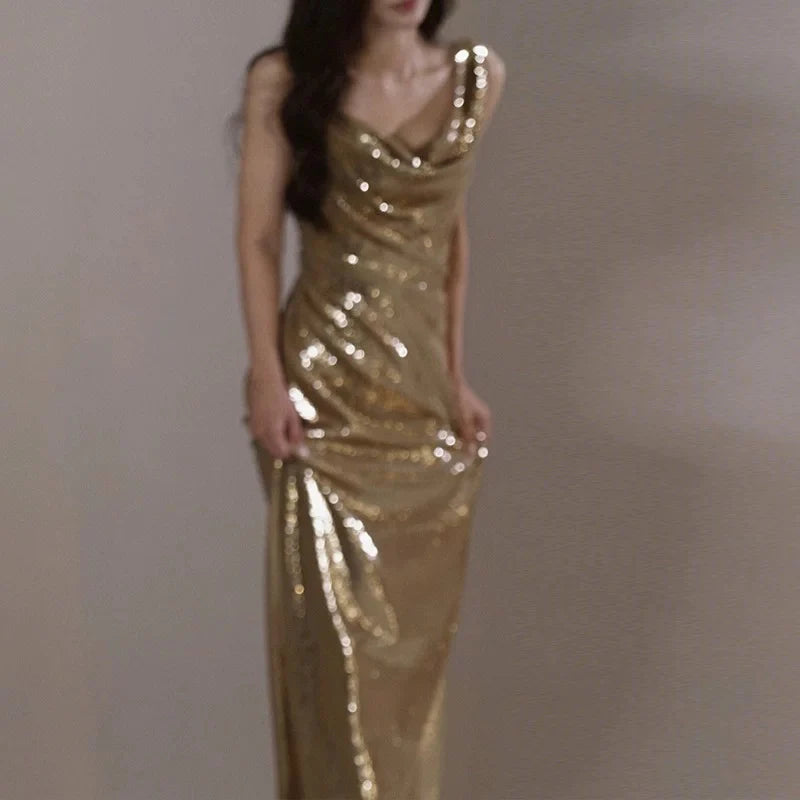 Buyishang Classy Mermaid Straps Gold Sequin Long Evening Gowns Prom Dress