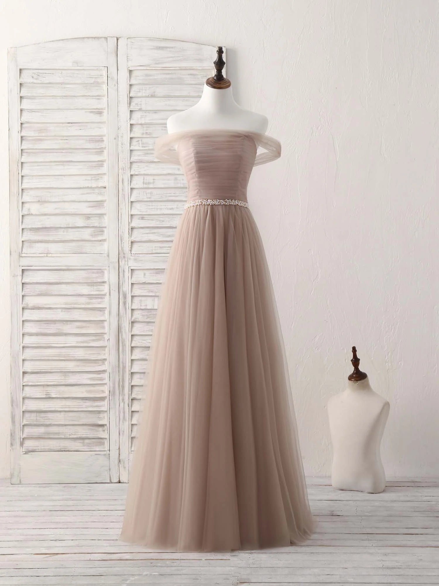 Buyishang Champagne Off Shoulder Tulle Long Prom Dress Champagne Evening Dress Bridesmaid dress shop