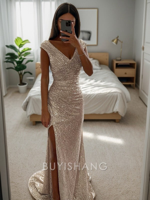 Buyishang Simple Sheath/Column Ruched V-neck Sleeveless Sweep/Brush Train Dresses