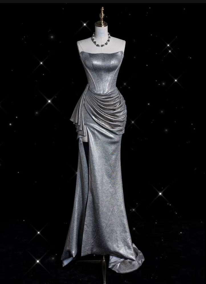 Buyishang Sexy Mermaid Strapless Sequin Silver Evening Gowns Long Prom Dresses