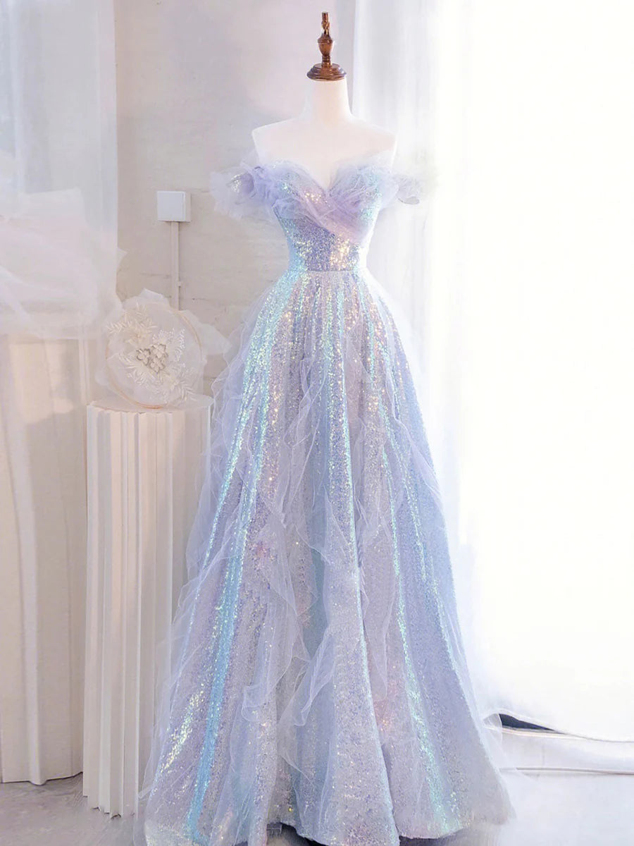 Buyishang Purple Off Shoulder Tulle Sequin Long Prom Dress Purple Formal Dress prom dresses stores