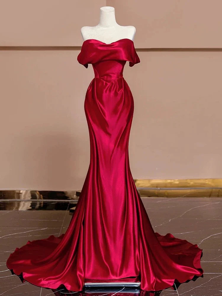Buyishang Sexy Mermaid Off The Shoulder Satin Red Floor Length Evening Dress Prom Dresses