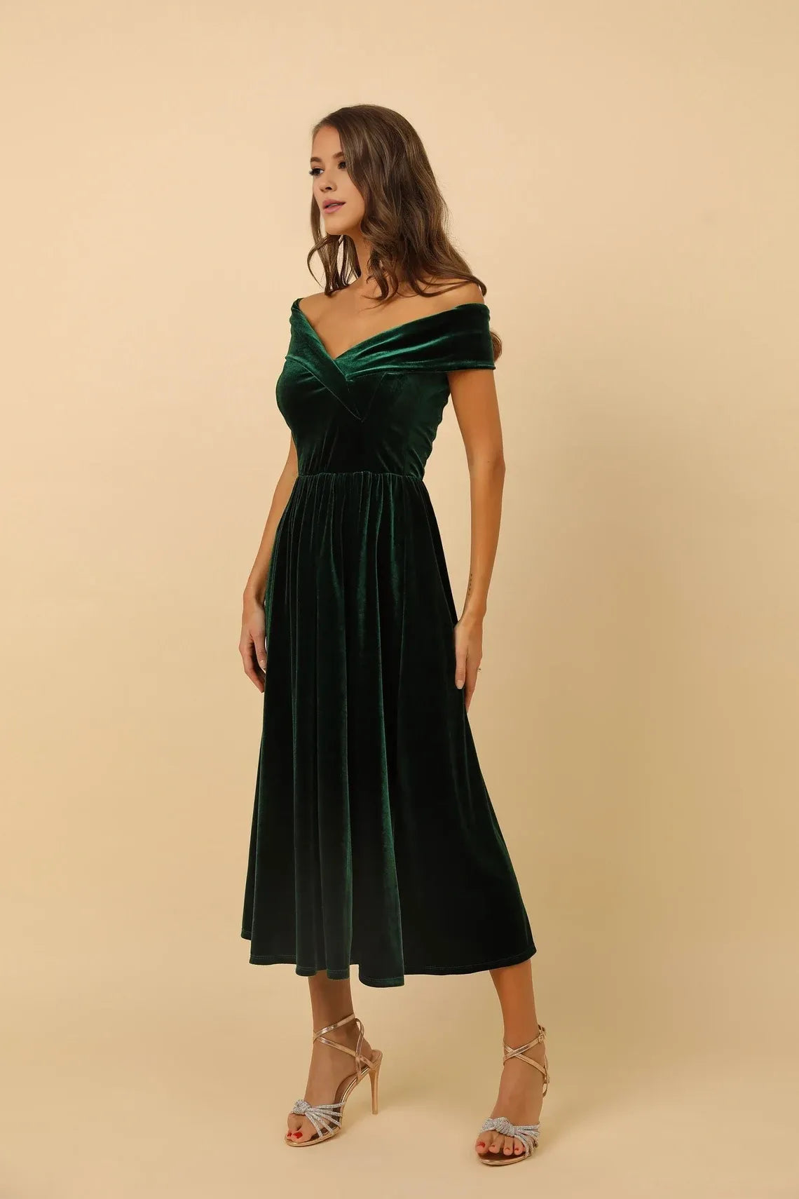 Buyishang Dark green midi dress velvet bridesmaids dress evening off the shoulder velvet dress prom