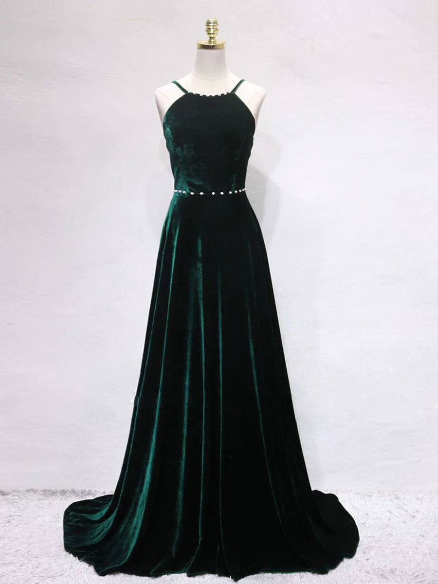 Buyishang A-Line Backless Green Velvet Long Prom Dresses Green Formal Evening Dresses prom dresses shops