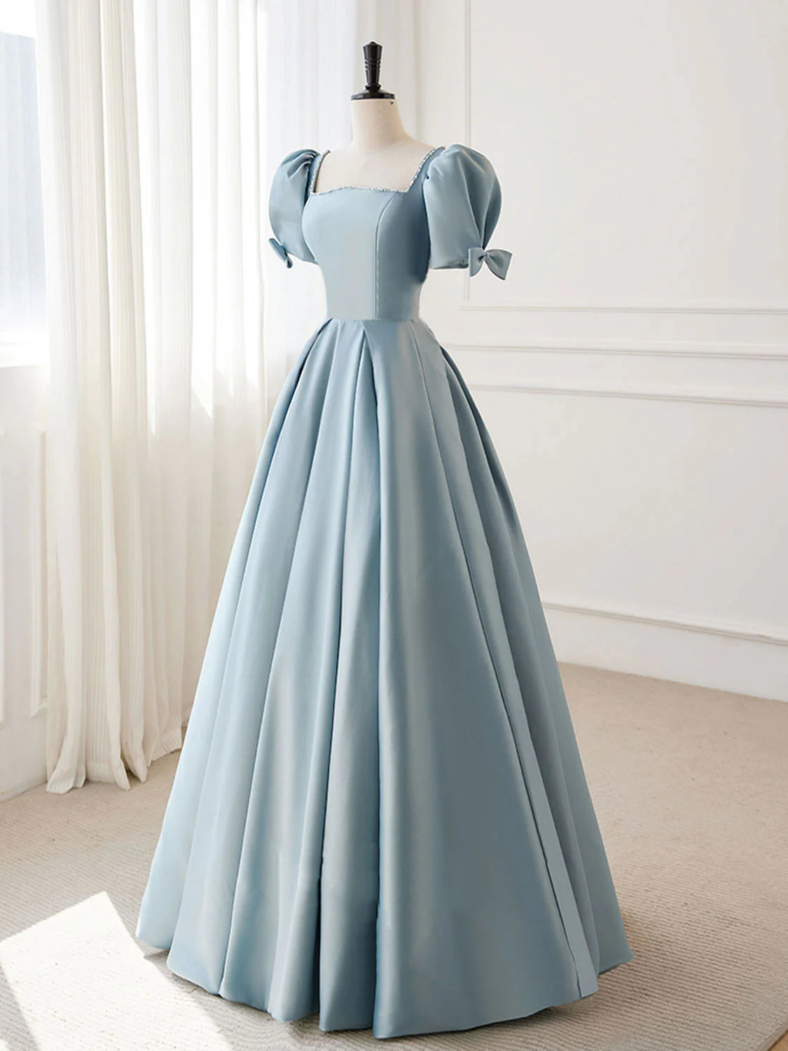 Buyishang A-Line Blue Satin Puffy Sleeve Long Prom Dress Blue Formal Dresses prom dresses shops