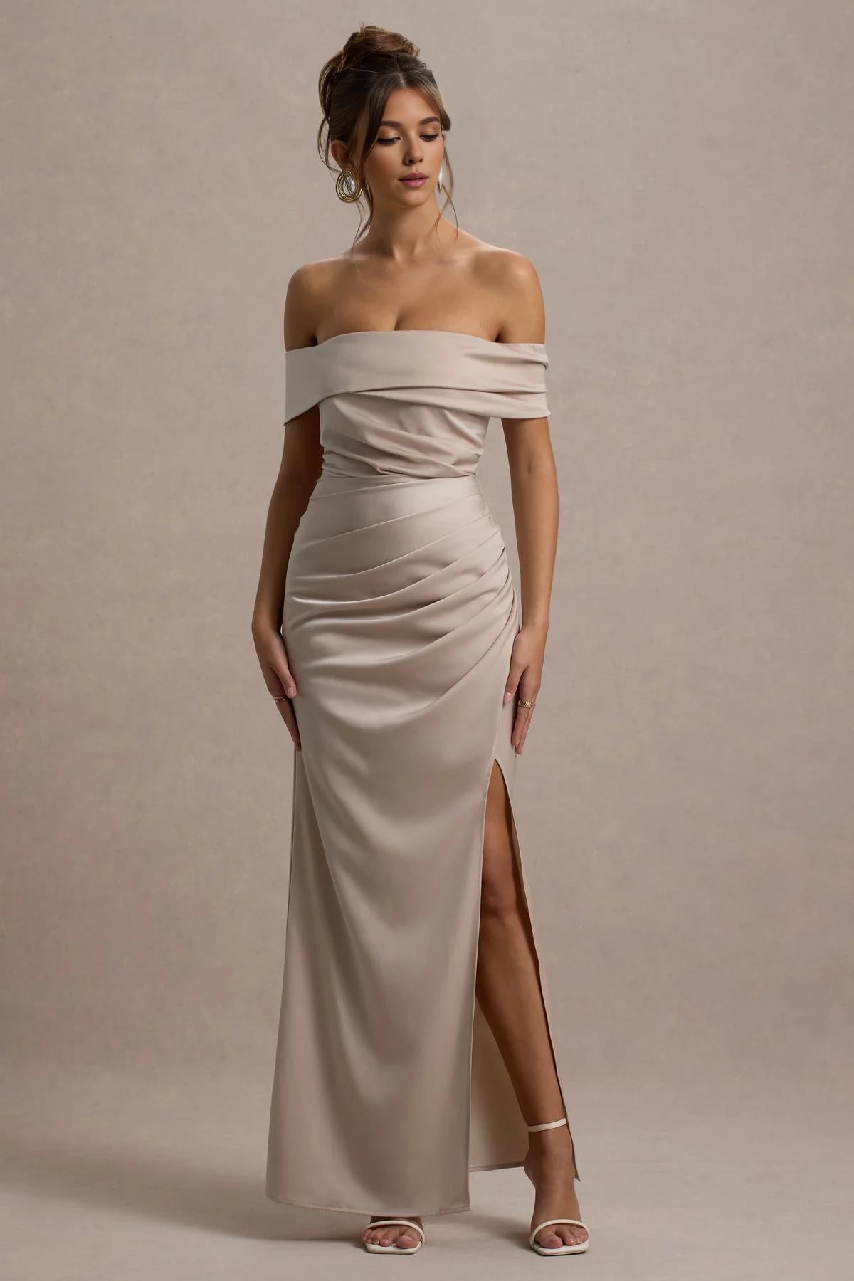 Buyishang Simple champagne colored satin Bardot pleated wrap dress bridesmaid dress