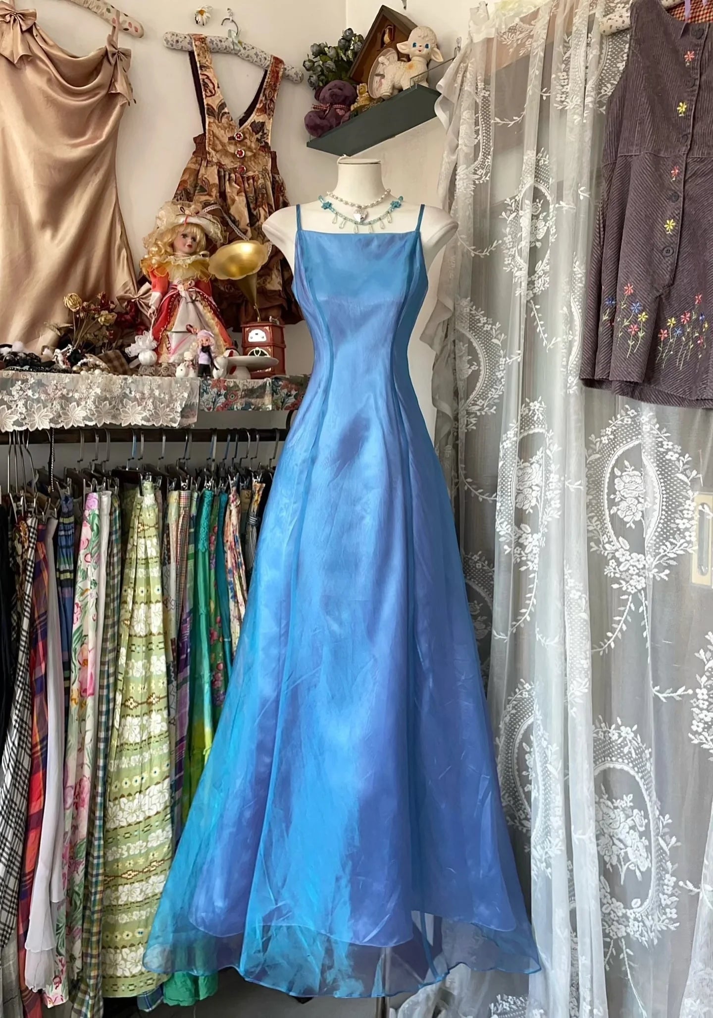 Buyishang Vintage Fashion Mermaid Spaghetti Straps Blue Floor Length Evening Dress Prom Dresses