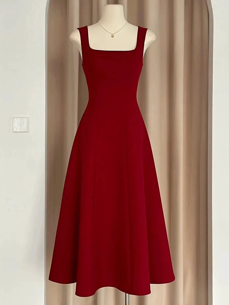 Buyishang Sexy A Line Square Neckline Red Satin Ankle Length Evening Dress Prom Dresses