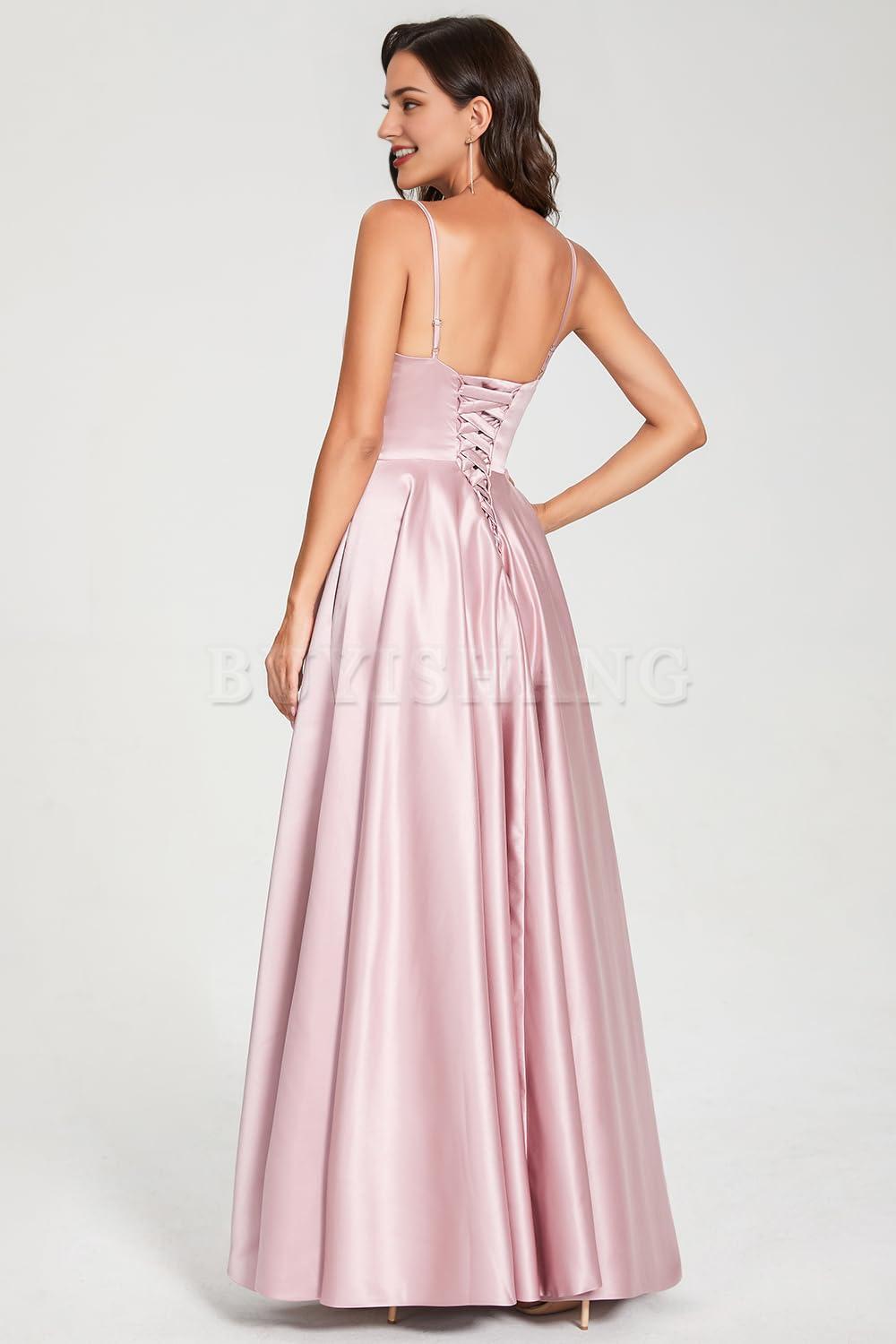 Buyishang Spaghetti V Neck Prom Dresses for Women Long Ball Gown Ruched Satin Evening Party Gown