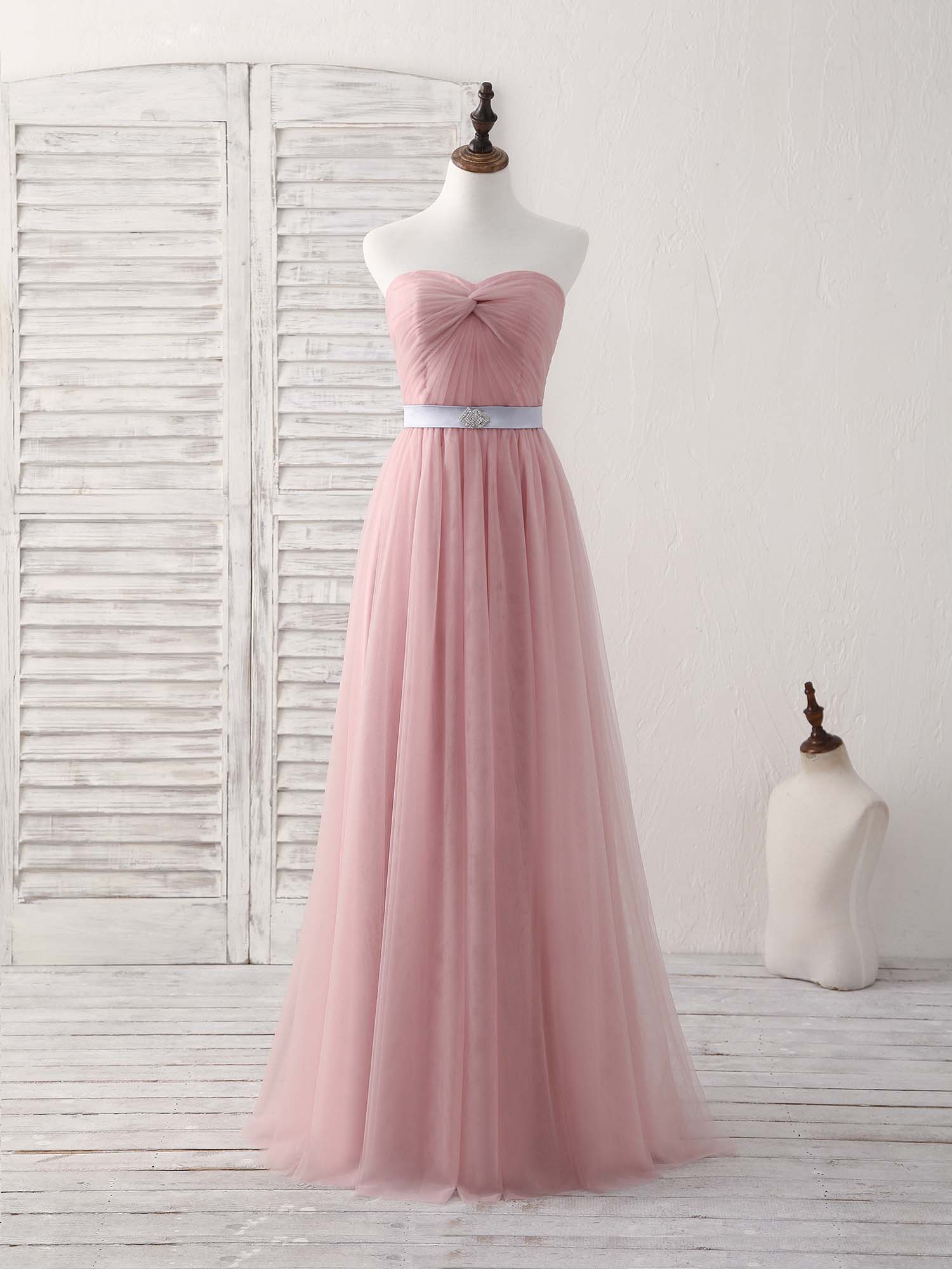 Buyishang Pink Sweetheart Neck Tulle Long Prom Dress Aline Pink Bridesmaid Dress Bridesmaid dress shop